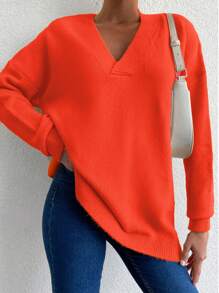 EURMUSE V Neck Drop Shoulder Sweater - Orange - View 3