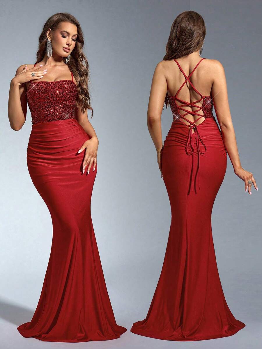 SHEIN Belle 女士优雅华丽亮片拼接系带露背缎面高腰正式吊带连衣裙、婚礼宾客礼服、派对礼服、舞会礼服 - 紅色 - 查看 1
