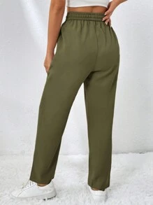 Muchica Quần dài lưng 3/4 màu trơn đơn giản có dây rút - màu xanh lá - Xem 2