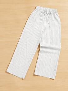 SHEIN Essnce 女士休闲简约条纹爱心印花长裤 夏季春季情人节新年女装 - 白色 - 查看 4