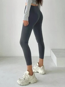 DAZY 女士纯色修身打底裤，日常休闲穿着 - 深灰色 - 查看 2