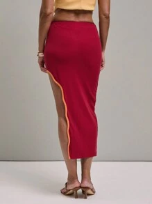 SHEIN Unity 女士撞色饰边荷叶边下摆休闲 A 字裙，旅游和休闲 - 彩色 - 查看 5