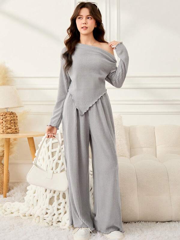 SHEIN 2pcs Teen Girls' Fall Gray Texture Off Shoulder Long Sleeve Fitted Top & Wide Leg Pants Casual Outfit Set