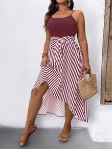 SHEIN LUNE Plus Size Casual Striped Patchwork Spaghetti Strap Dress - Burgundy - View 1