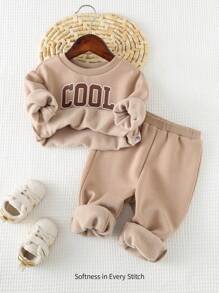 Cozy Pixies 2pcs Baby Boy Letter Pattern Soft Knit Crew Neck Long Sleeve Sweatshirt And Jogger Pants Set - Khaki - View 1