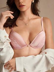 Charlaine Women's Solid Lace Patchwork Bra - Mauve Purple - View 2