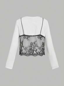 SHEIN MOD Áo thun dài tay cổ tròn phối ren cho nữ, mặc thường ngày - Đen và trắng - Xem 2