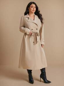 Elaquor Áo khoác dài tay màu trơn thường ngày cỡ lớn cho nữ - Màu Khaki - Xem 4