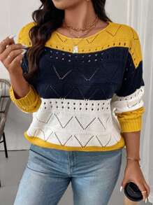 Calvaya Maglione lavorato a maglia con motivo geometrico traforato e blocchi di colore, casual per primavera e autunno, taglie comode