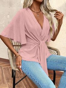 SHEIN Clasi Áo cánh tay ngắn cổ chữ V tối giản trơn màu dành cho nữ - Hồng - Xem 6