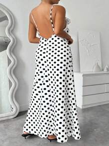 Celure Plus Size Women Elegant 3D Floral Decor Ruffle Hem Polka Dot Slip Dress - White - View 2