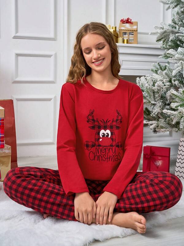 EURMUSE 100% Cotton 2Pcs  New Year Cute Animal Printed Shirt And Plaid Printed Sleep Bottom Christmas PJ Set