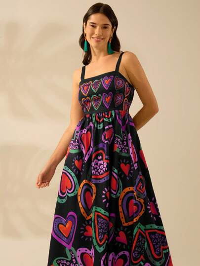 CAJUNI Vestido largo holgado de estilo boho con estampado de corazones de colores, cuello de halter, para vacaciones, casual de playa en verano, vestido negro