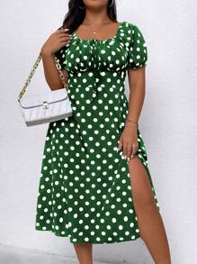 SHEIN Clasi 大码女式波尔卡圆点印花开衩短袖连衣裙 - 墨綠色 - 查看 6
