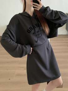 FRIFUL Women's Hooded Drawstring Long Sleeve Casual Loose Comfortable Long Dress