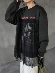 FRIFUL Women's Crew Neck Long Sleeve Mesh Contrast Letter Print Loose Sweatshirt Sheer Fall,Winter - Black - View 4
