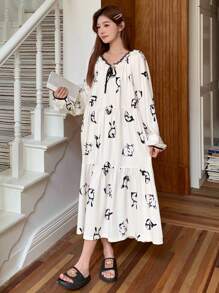 DAZY Women Cute Rabbit Pattern Contrast Trim Drawstring Nightgown