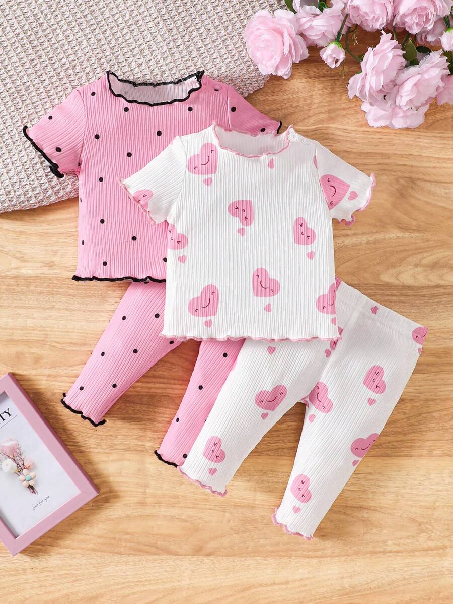 SHEIN 4 件装女婴罗纹边圆领短袖卡通图案睡衣套装，吸湿排汗透气 - 粉色 - 查看 1