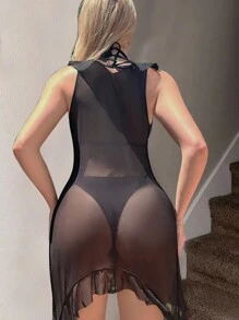 SHEIN Swim 3 件套女士比基尼套装，露背系带上衣，性感下装和荷叶边系带设计罩衫夏季海滩 - 黑色 - 查看 2