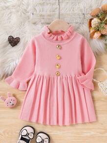 Baby Girl Ruffle Trim Button Front Long Sleeve Casual Knit Sweater Dress - Pink - View 1
