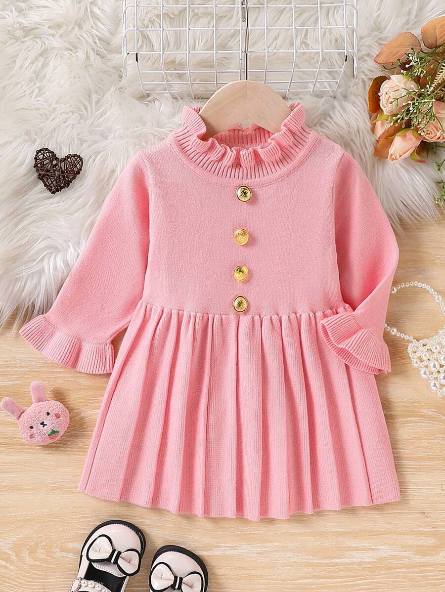 Baby Girl Ruffle Trim Button Front Long Sleeve Casual Knit Sweater Dress - Pink - View 1