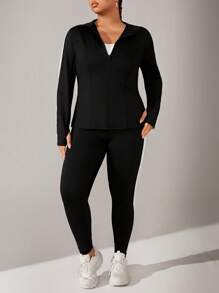 SHEIN Rhythm Era 大码女式 V 领长袖上衣和裤子，运动夜跑套装，健身女士套装 - 彩色 - 查看 5