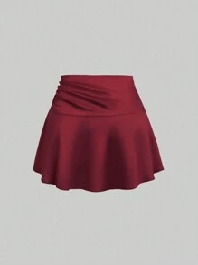 Sweetra 纯色褶裥缎面抽绳迷你裙 - 休闲度假酒红色 - 酒紅色 - 查看 2