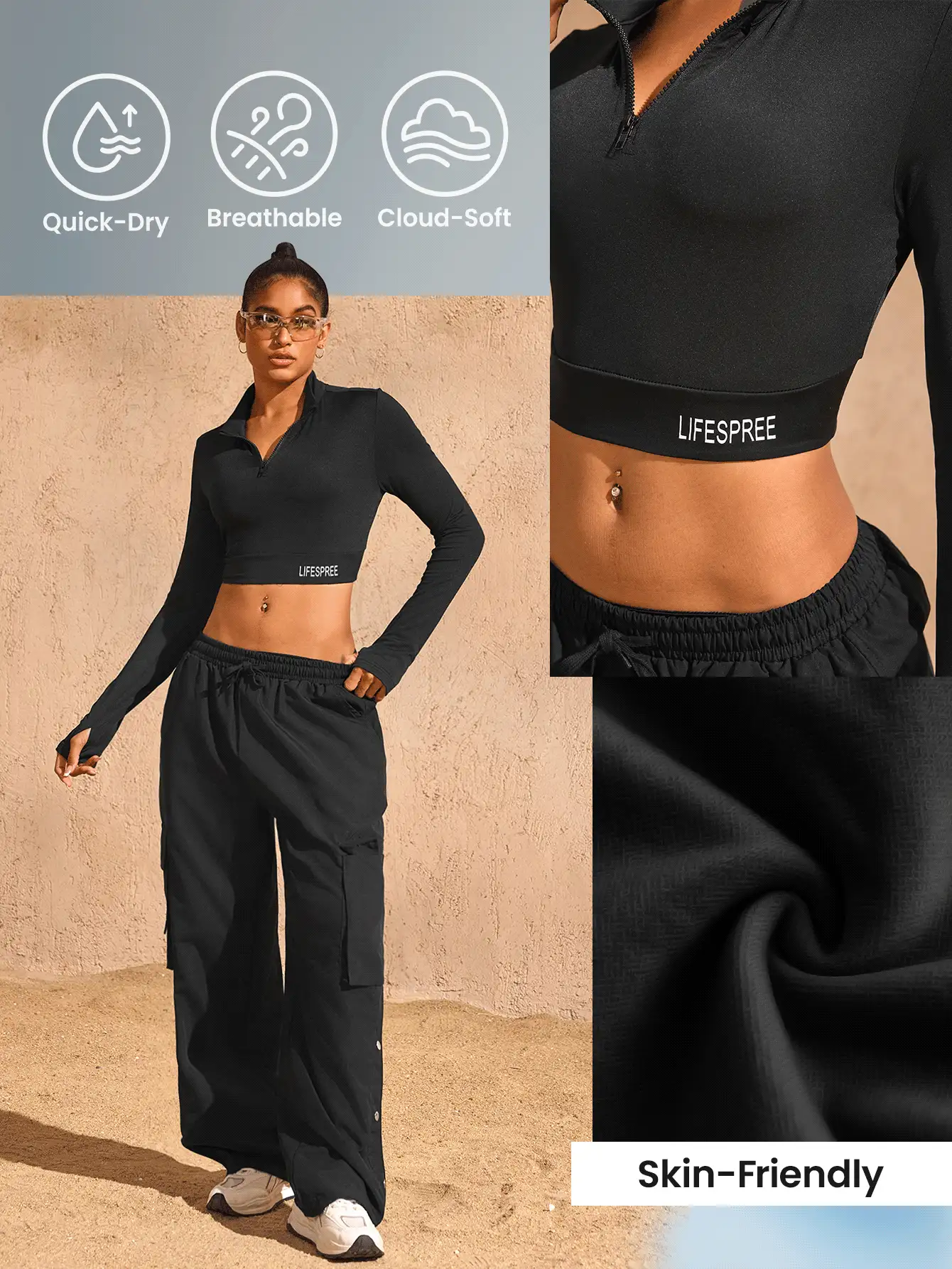 SHEIN Dewbera Áo nỉ dài tay thường ngày tối giản in họa tiết cho nữ, áo crop top đen dài tay mùa thu - màu đen - Xem 2