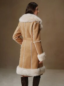 Anewsta Thickened Fluffy Trimmed Fluffy Furry Cinched Waist Regular Jacket For Women - Apricot - View 6