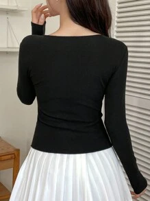 DAZY Women's Warm Bowknot Collar Cutout Solid Color Black Long Sleeve Fleece T-Shirt,Fall Women Clothes,Winter - Black - View 4