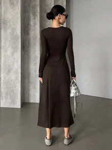 DAZY Women's Casual Solid Color Dress, Suitable For Commuting,Fall Women Clothes Long Sleeve Dress - Brown - View 5