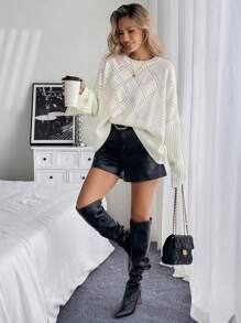 Chiquease 女式宽松纯色落肩长袖毛衣，秋季 - 白色 - 查看 1