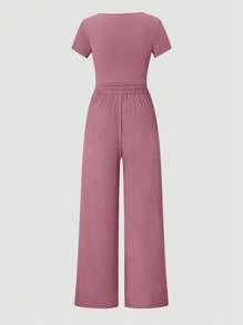 SHEIN Unity Plus Size Women Summer Solid Color Square Neck Short Sleeve Casual Bodysuit And Belted Pants Set - Pink - View 3