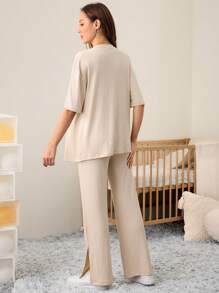 SHEIN Bộ 2 món đồ bầu thanh lịch cổ tròn rộng rãi có thể điều chỉnh cạp chun - Màu be - Xem 2