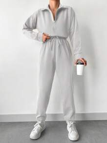 EURMUSE Drop Shoulder Half Zip Placket Sweatshirt & Sweatpants - Light Grey - View 3