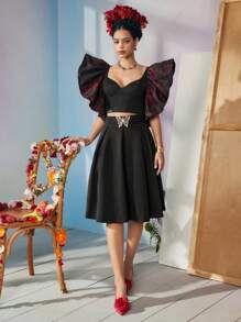 KATHARSIS Frida Kahlo X SHEIN X Designer Áo crop top hở nách in hình chim, Ngày lễ, Lễ tạ ơn, Mùa xuân & mùa hè, Đi chơi, Lễ hội - màu đen - Xem 6