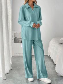 SHEIN LUNE Bộ 2 áo thun dài tay trễ vai trơn và quần ống rộng thường ngày cho nữ, Xuân/Hè - Màu xanh Bạc hà - Xem 3