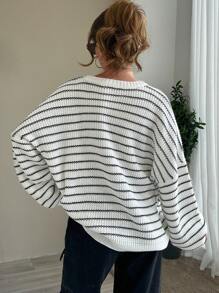 EURMUSE Áo len dệt kim thêu họa tiết sọc thường ngày cho nữ - Màu be - Xem 3