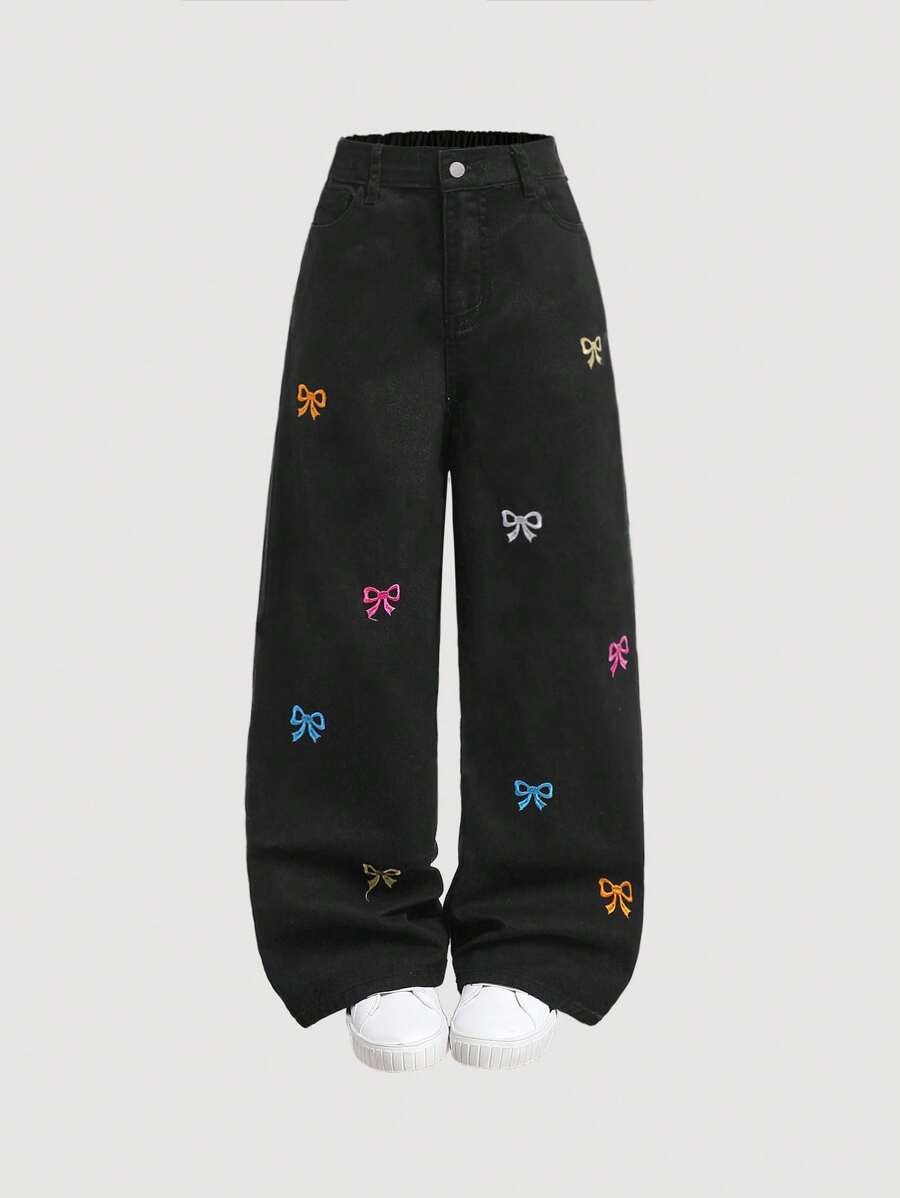 SHEIN Girlism Tween 女童 Y2K 时尚纯色水洗蝴蝶结牛仔裤刺绣蝴蝶结宽松牛仔直筒牛仔裤，Tween 女童秋装返校街头装 - 黑色 - 查看 1