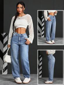 SHEIN PETITE 女式简约纯色休闲牛仔裤 - 藍色 - 查看 6