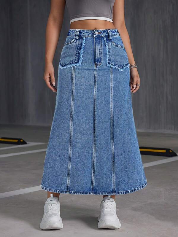 Women's Button Waistband Fringed A-Line Loose Denim Midi Skirt, Stylish Street Fashion