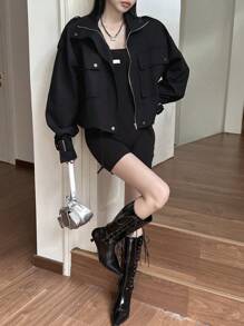 Dazy-Less 翻盖口袋落肩抽绳下摆夹克，复古风格，秋季服装 - 黑色 - 查看 4
