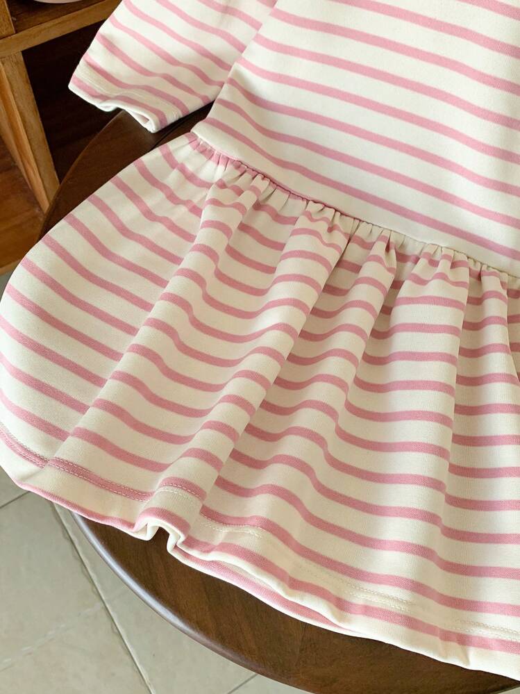 Blossori Young Girls Elegant French Style Red & White Striped Embroidered Loose Long Sleeve Dress, Autumn/Winter - Multicolor - View 4