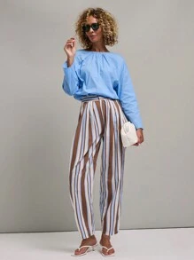 SHEIN Unity 女士休闲纯色纽扣长袖衬衫，春季和秋季 - 淺藍色 - 查看 1