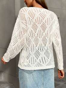 EMERY ROSE 女士钩针编织圆领轻薄镂空长袖水钻装饰性感针织毛衣，秋冬针织套头衫 - 白色 - 查看 2