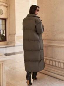 RueChic 女士纯色翻领长袖休闲宽松棉服外套，冬季 - 米色 - 查看 2