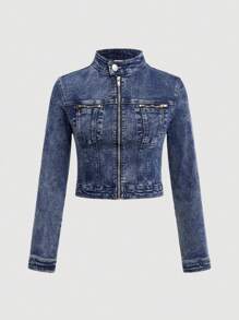 SHEIN 1pc Teen Girl Y2K Blue Denim Motorcycle Jacket,Fall Back To School Cute Clothes Outfits - Dark Wash - View 1