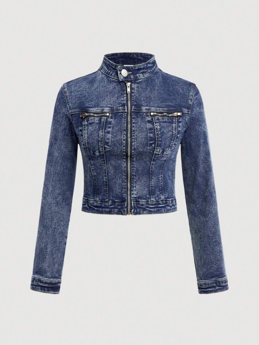 SHEIN 1pc Teen Girl Y2K Blue Denim Motorcycle Jacket,Fall Back To School Cute Clothes Outfits - Dark Wash - View 1
