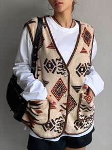 DAZY Women Fleece Fully Allover Print Geometric Pattern Coat, Thermal Lined Jacket Fall,Winter Vest - Beige - View 8