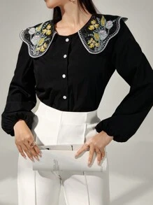 Modelyn Áo sơ mi nữ tay dài cài nút thêu hoa thường ngày - màu đen - Xem 5